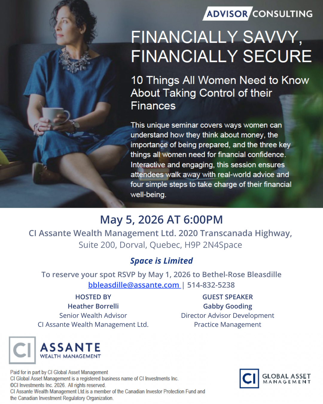 A promotional event flyer titled “Financially Savvy, Financially Secure.” On the left, a woman sits on a couch holding a cup and looking thoughtfully into the distance.